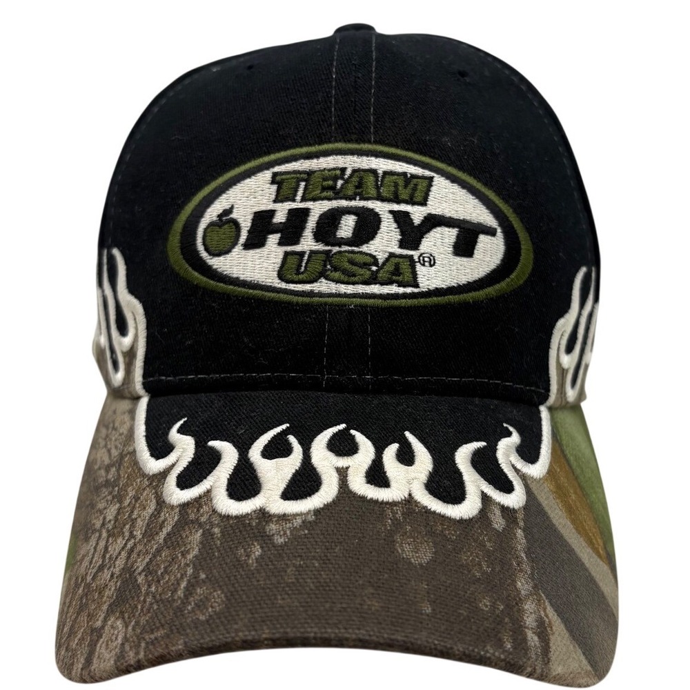 VTG‎ Hoyt USA Archery Hat Black Camo Flame Embroidered Adjustable Cap Bowhunting